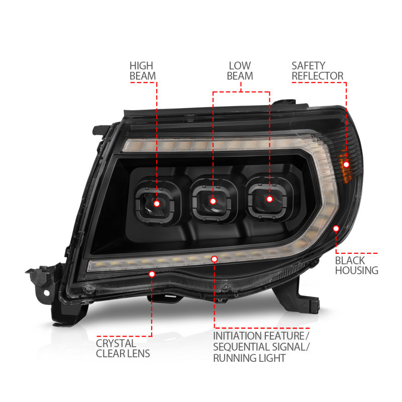 ANZO 05-11 Toyota Tacoma Full Proj Headlights w/Lght Bar Swchbk Seq. Blk. Housing w/Initiation Light