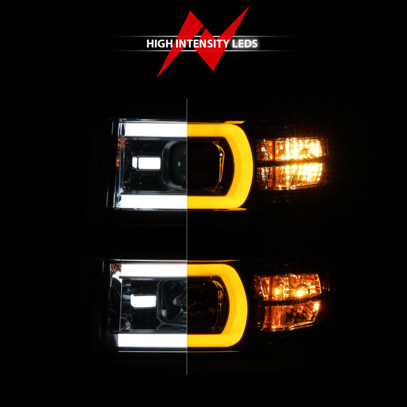 Anzo 14-15 Chevy Silverado 1500 Chrome Dual Switchback+Sequential LED Tube Sq. Projector Headlights